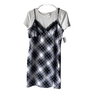No Boundaries Juniors Twofer mini Dress retro plaid dress top cropped tee straps